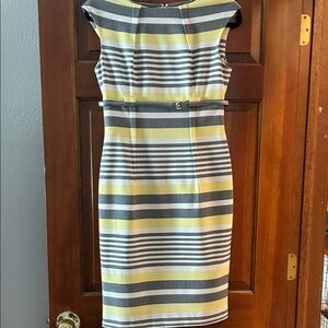 Calvin Klein Yellow and Gray Striped Midi Dress